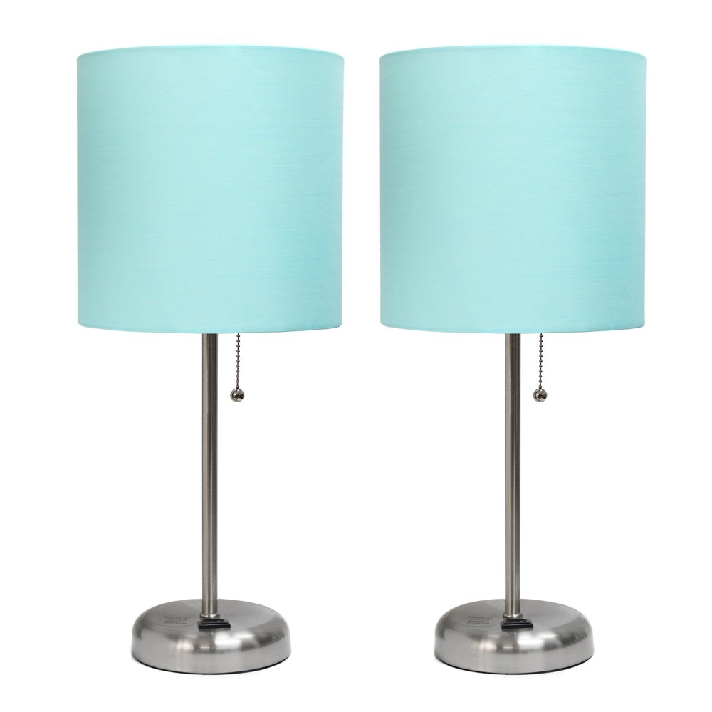 Set of Two 20" Silver Metal Table Lamp With Aqua Drum Shade