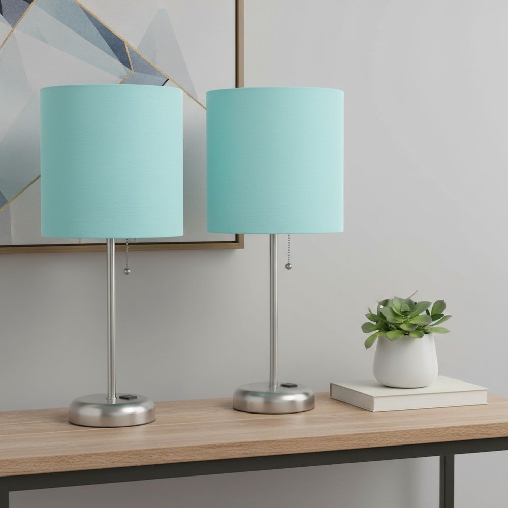 Set of Two 20" Silver Metal Table Lamp With Aqua Drum Shade