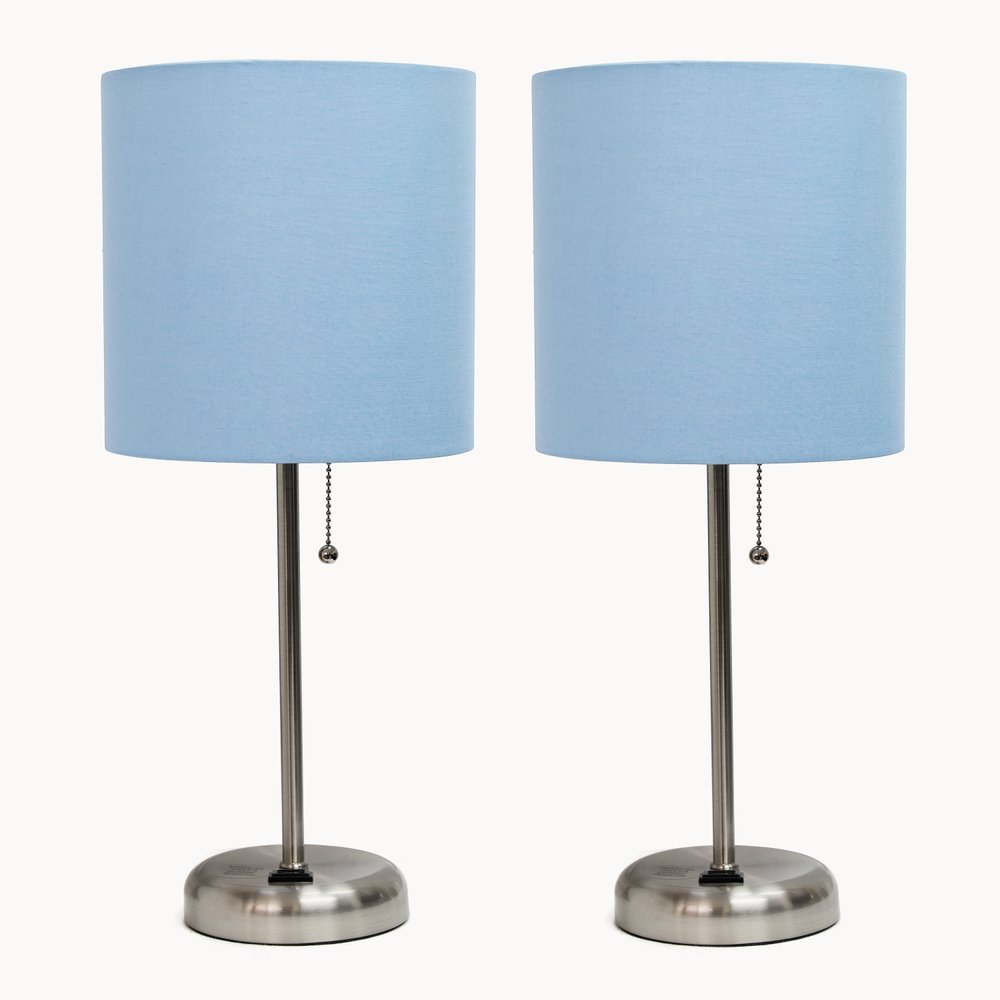 Set of Two 20" Silver Metal Table Lamp With Blue Drum Shade