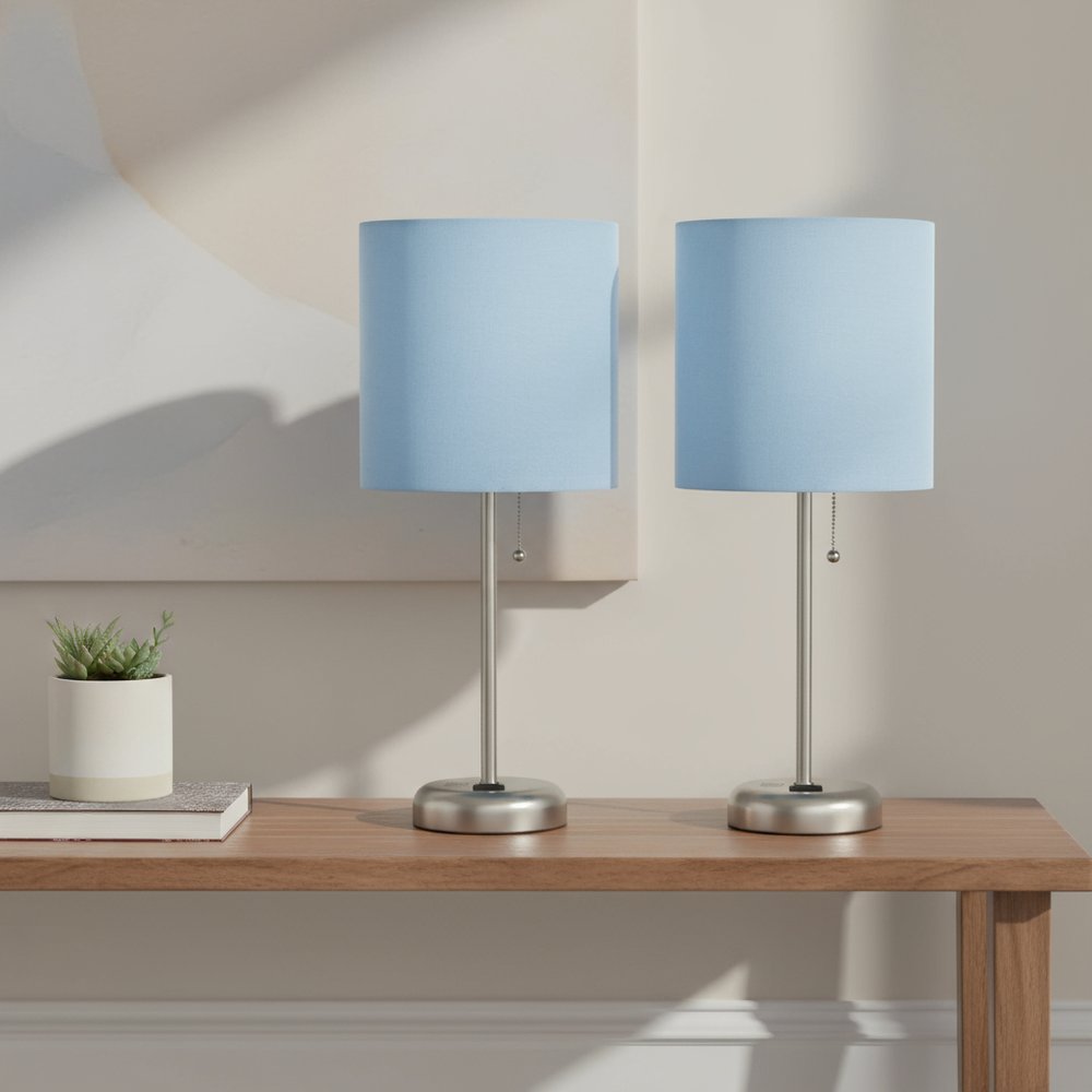 Set of Two 20" Silver Metal Table Lamp With Blue Drum Shade