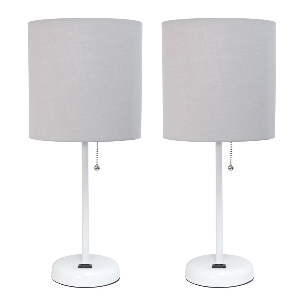 Set of Two 20" White Metal Table Lamp With Gray Drum Shade