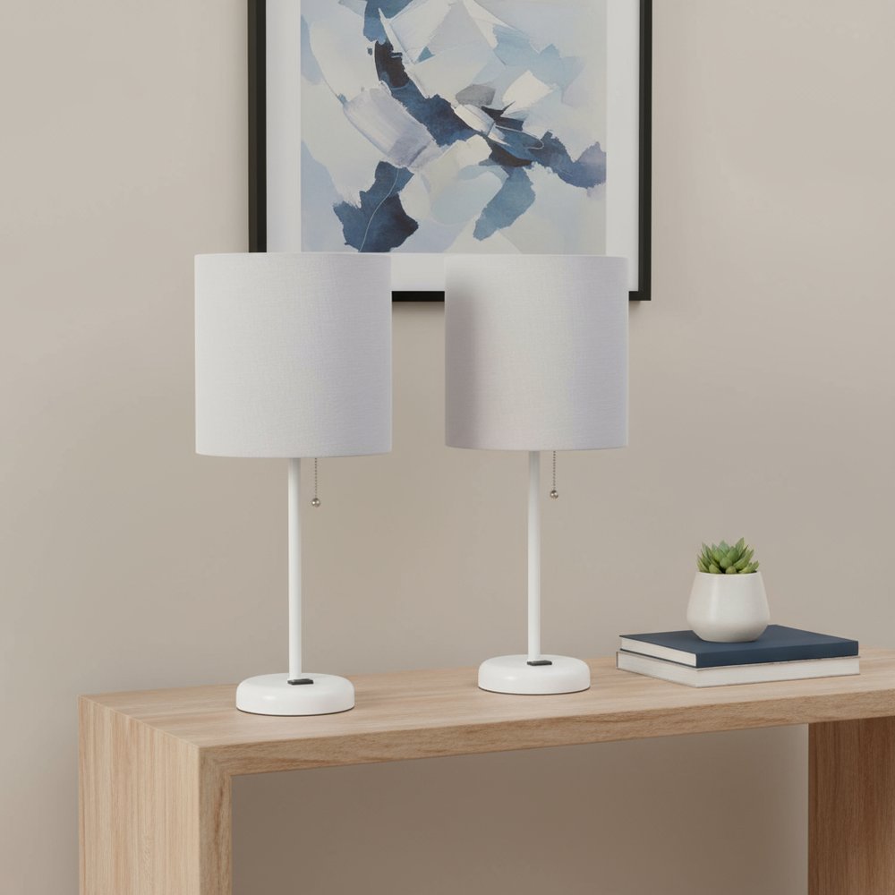 Set of Two 20" White Metal Table Lamp With Gray Drum Shade