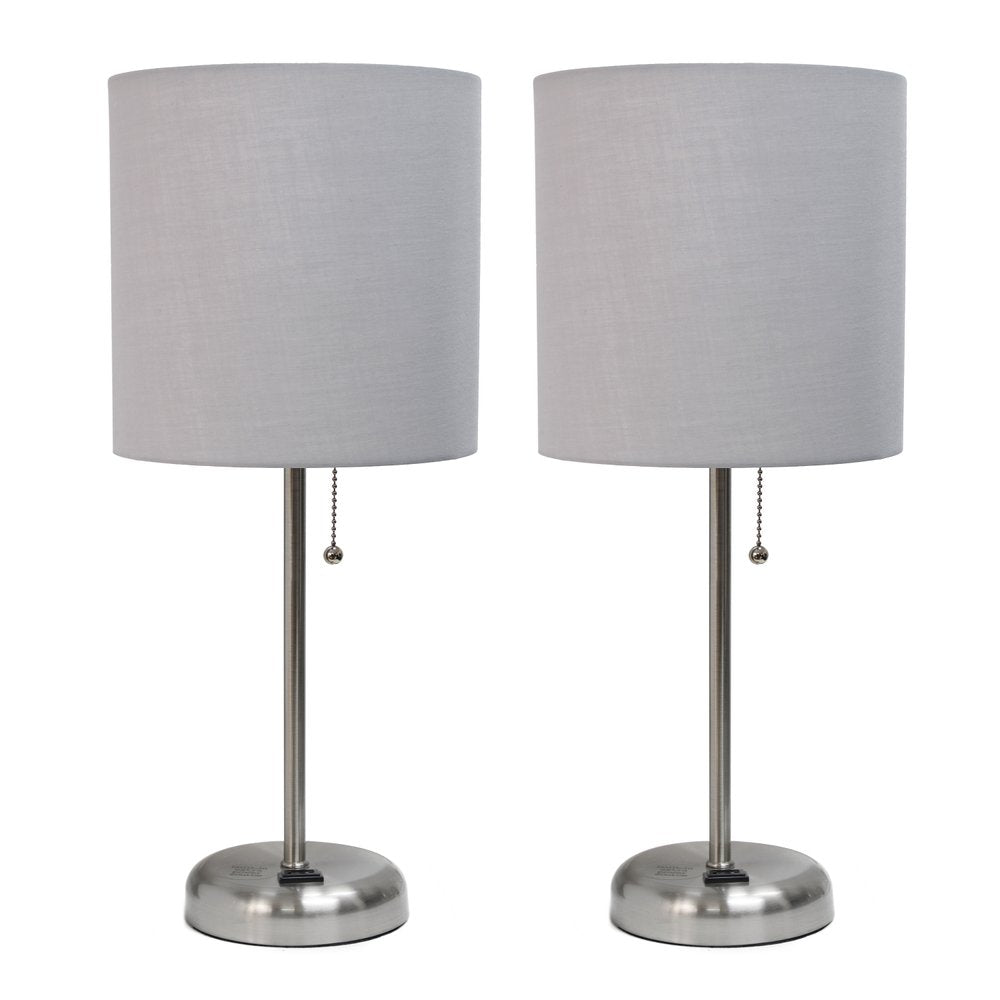 Set of Two 20" Silver Metal Table Lamp With Gray Drum Shade