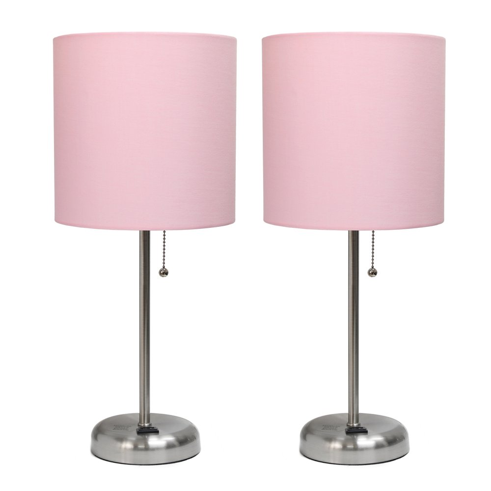 Set of Two 20" Silver Metal Table Lamp With Light Pink Drum Shade