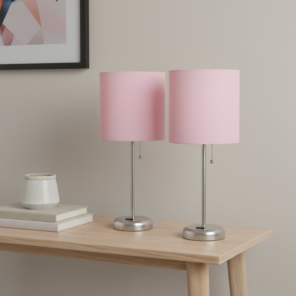 Set of Two 20" Silver Metal Table Lamp With Light Pink Drum Shade