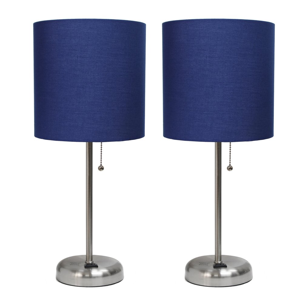 Set of Two 20" Silver Metal Table Lamp With Navy Blue Drum Shade