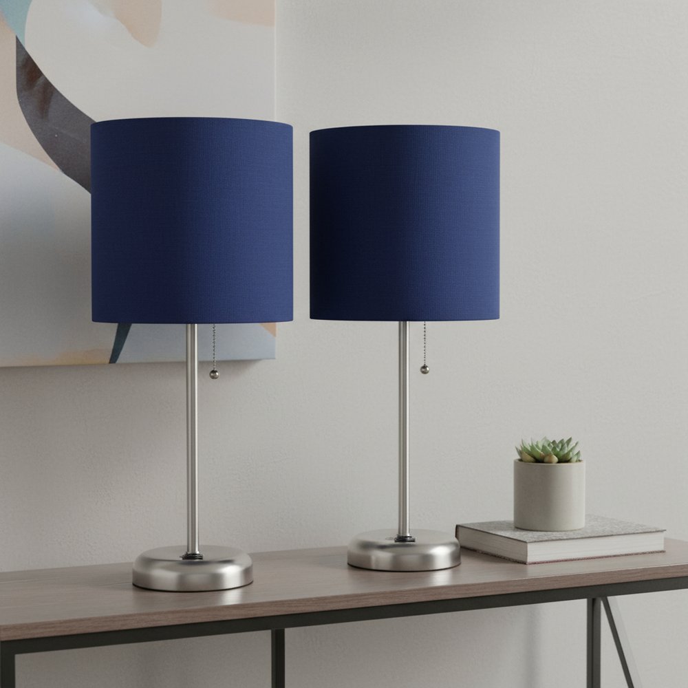 Set of Two 20" Silver Metal Table Lamp With Navy Blue Drum Shade