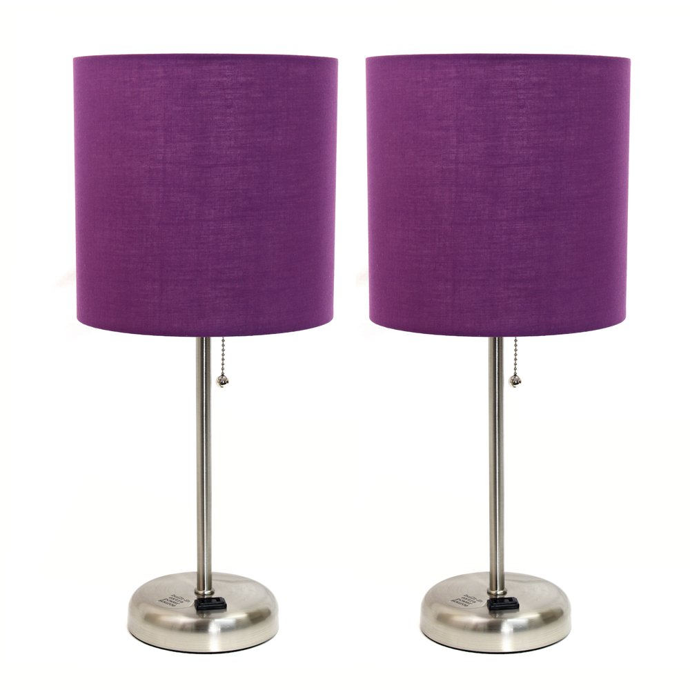 Set of Two 20" Silver Metal Table Lamp With Purple Drum Shade