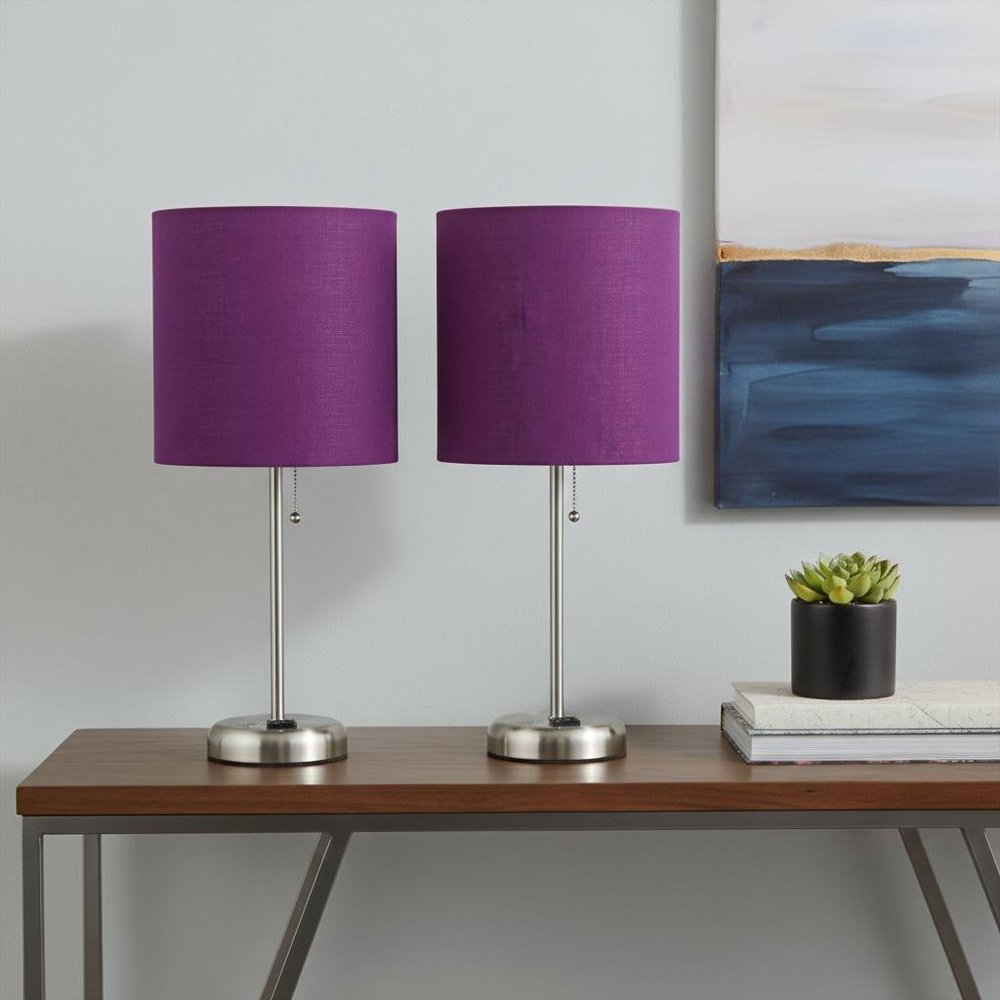 Set of Two 20" Silver Metal Table Lamp With Purple Drum Shade