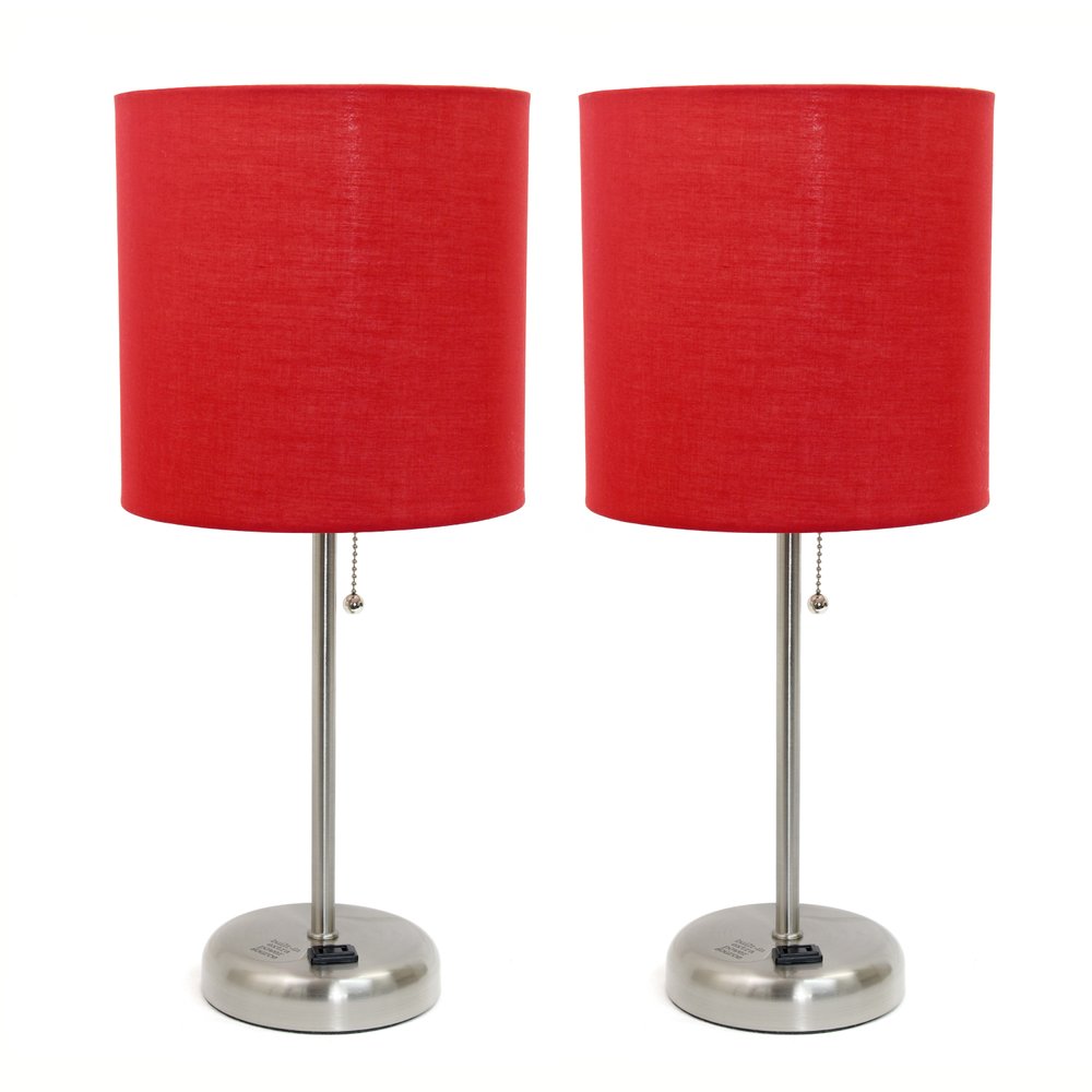 Set of Two 20" Silver Metal Table Lamp With Red Drum Shade