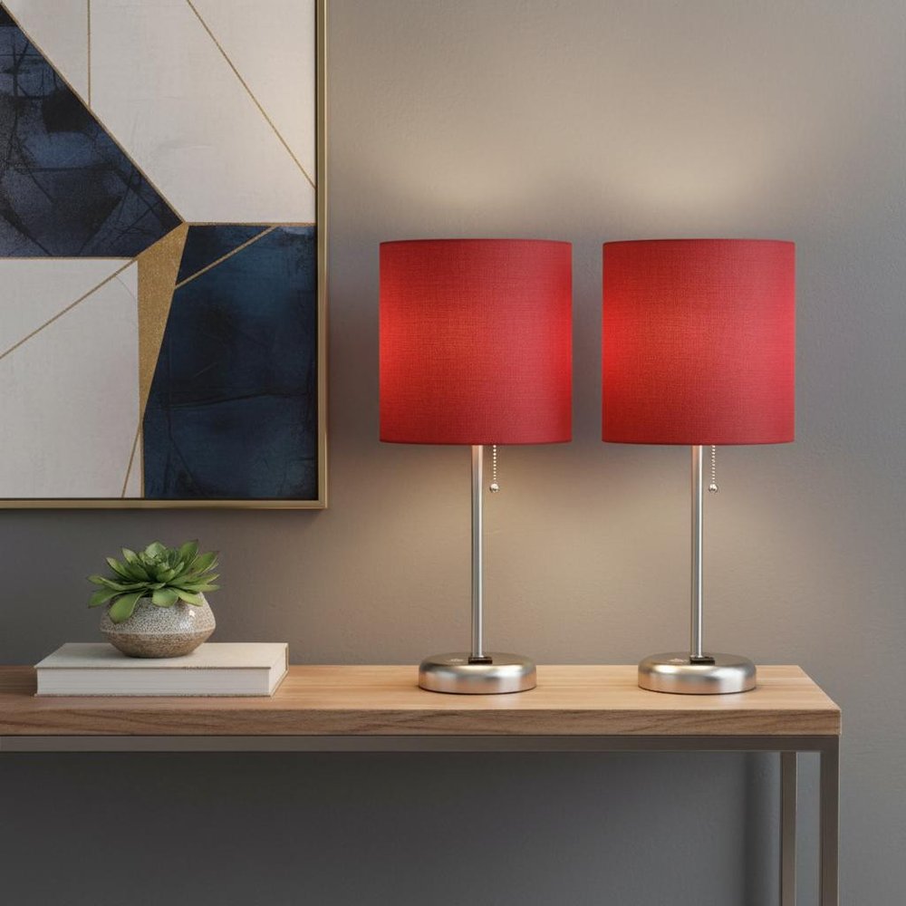 Set of Two 20" Silver Metal Table Lamp With Red Drum Shade