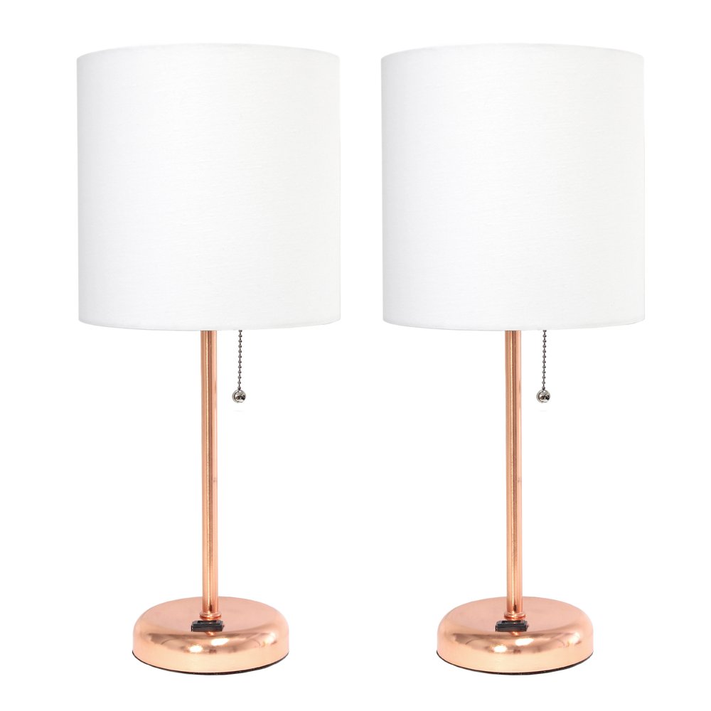 Set of Two 20" Rose Gold Metal Table Lamp With White Drum Shade