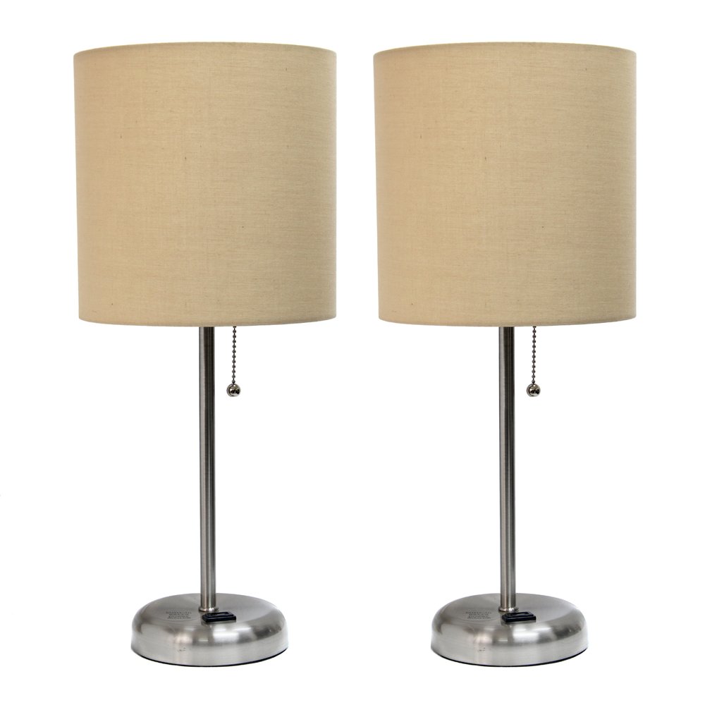 Set of Two 20" Silver Metal Table Lamp With Tan Drum Shade
