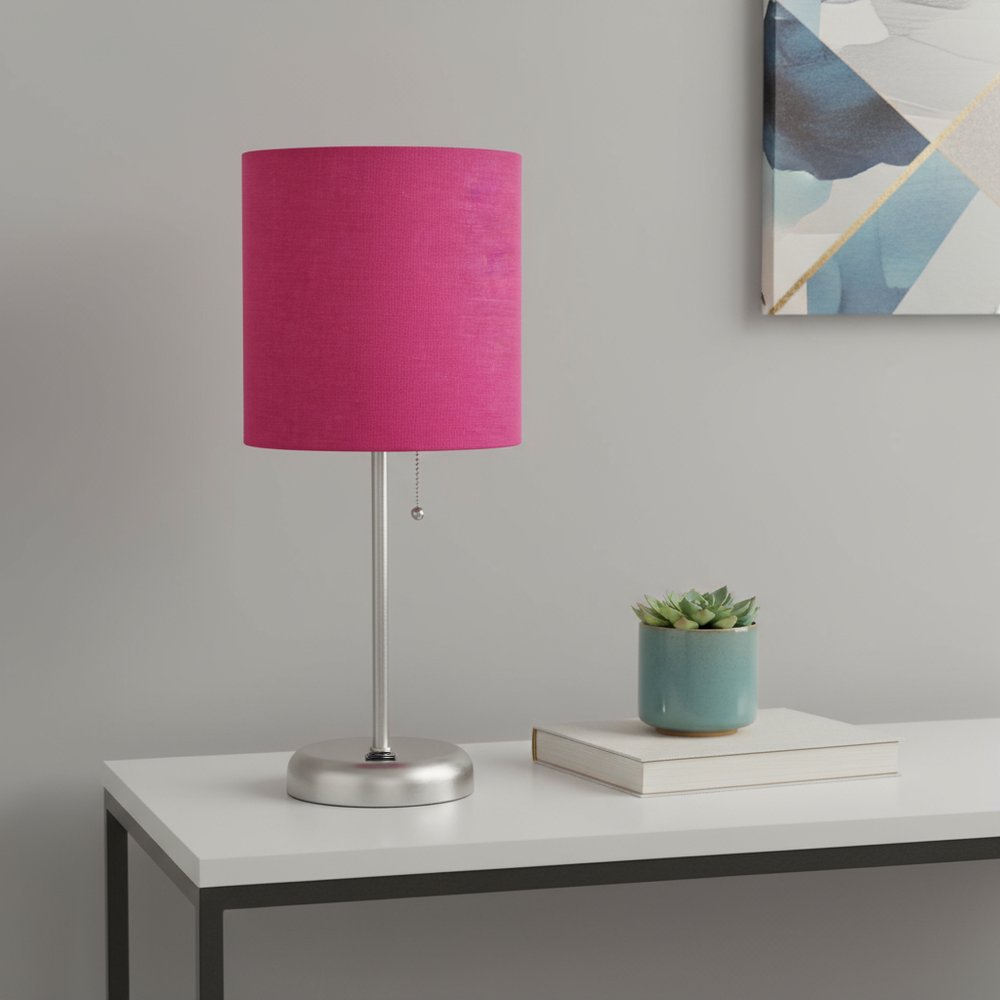 20" Silver Metal USB Table Lamp LED With Pink Drum Shade