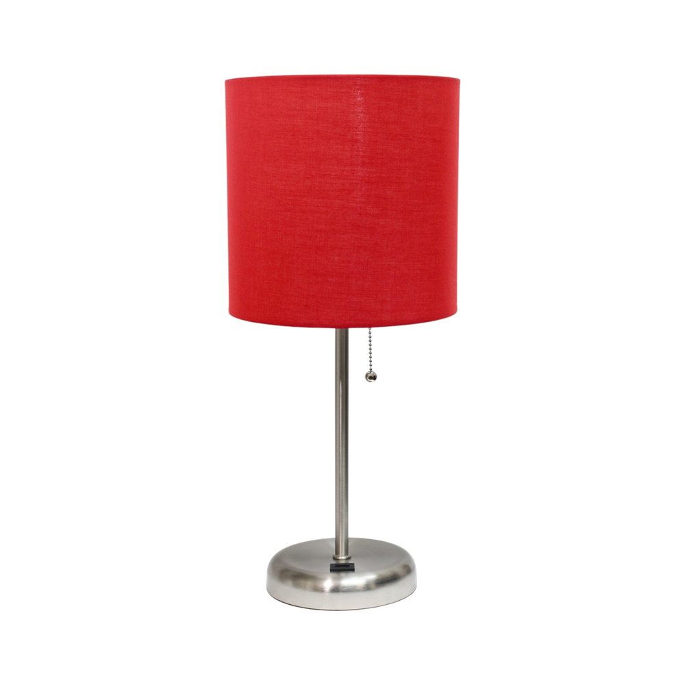 20" Silver Metal USB Table Lamp LED With Red Drum Shade