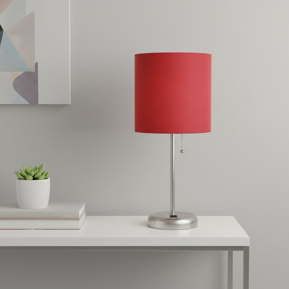 20" Silver Metal USB Table Lamp LED With Red Drum Shade