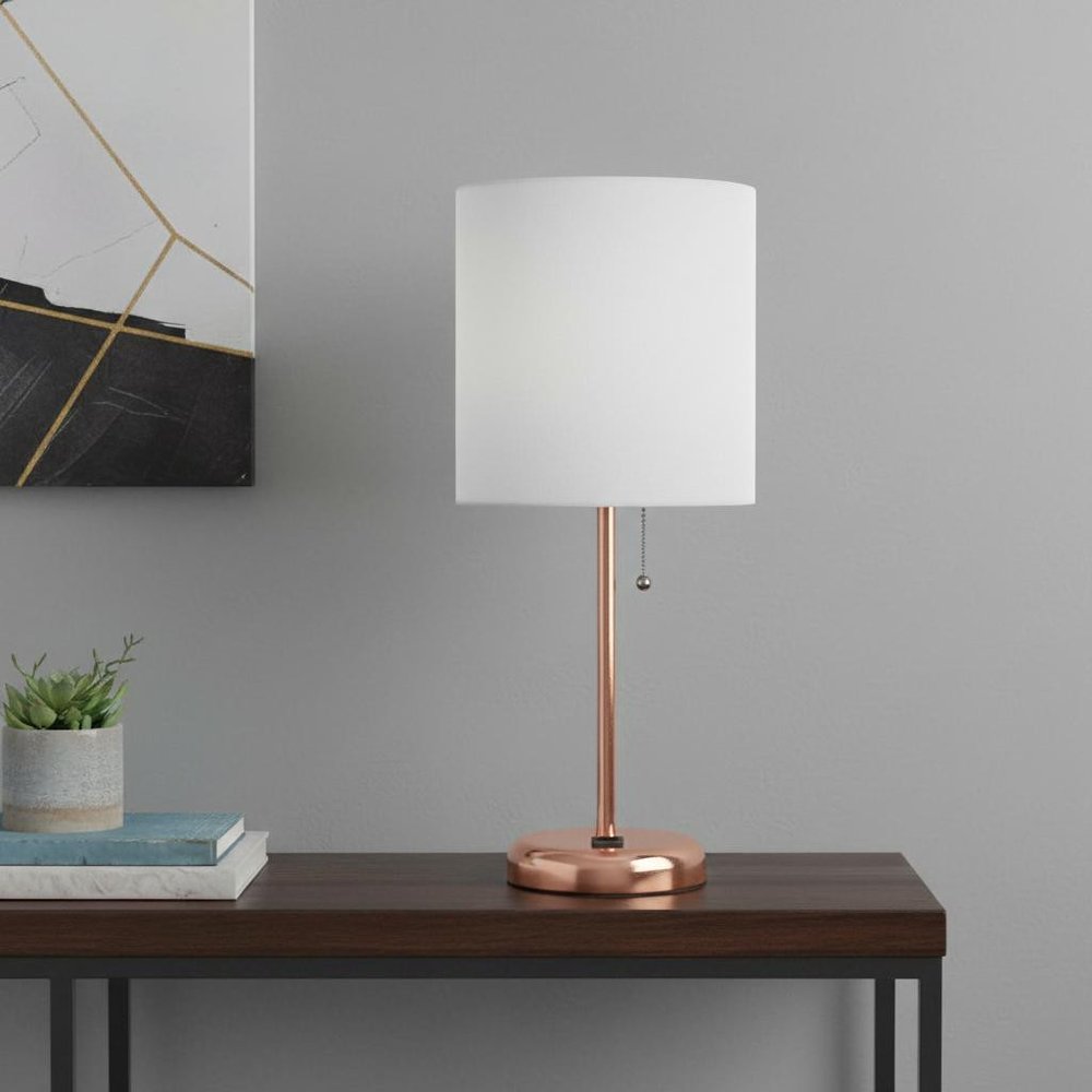 20" Rose Gold Metal USB Table Lamp LED With White Drum Shade