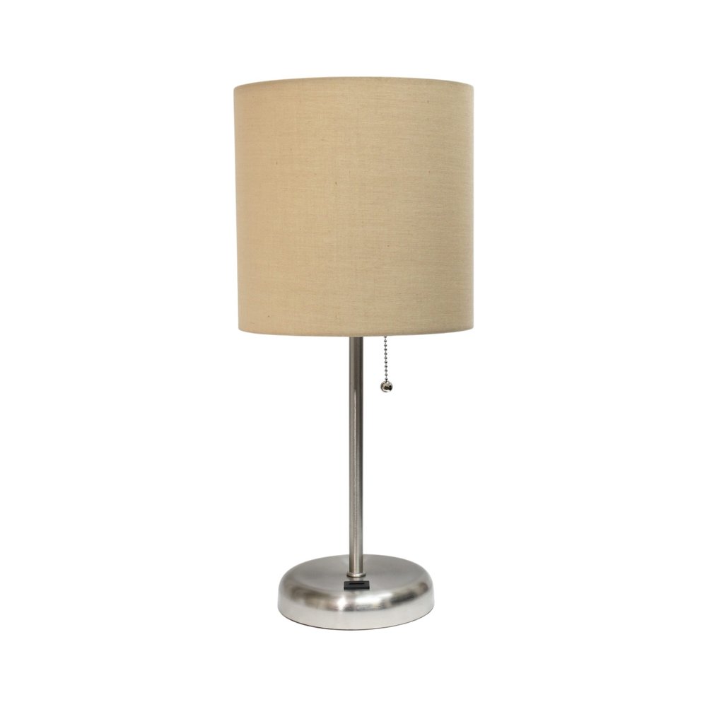 20" Silver Metal USB Table Lamp LED With Tan Drum Shade