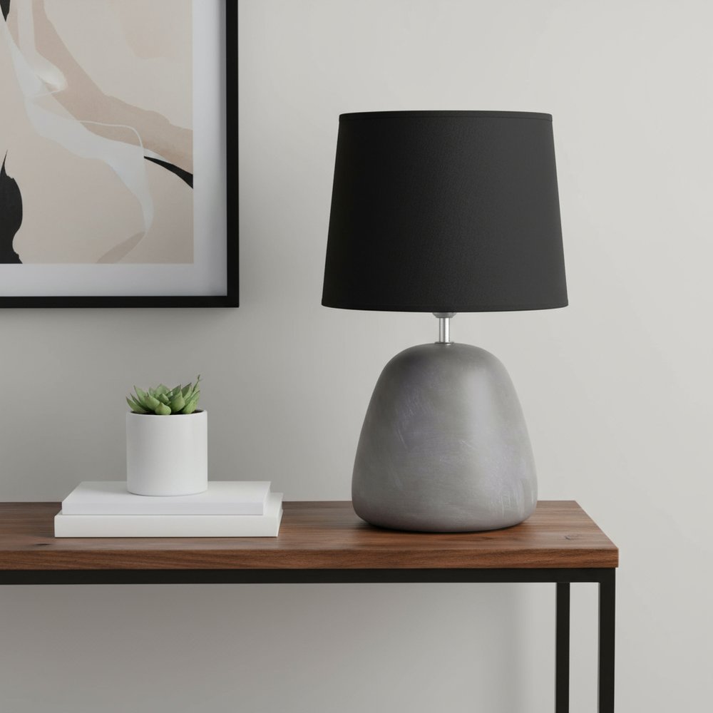 17" Gray Concrete Round Table Lamp With Black Drum Shade