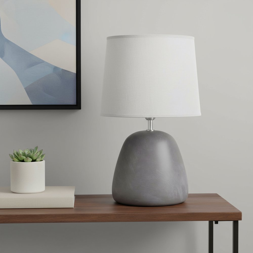 17" Dark Gray Concrete Round Table Lamp With Light Gray Drum Shade
