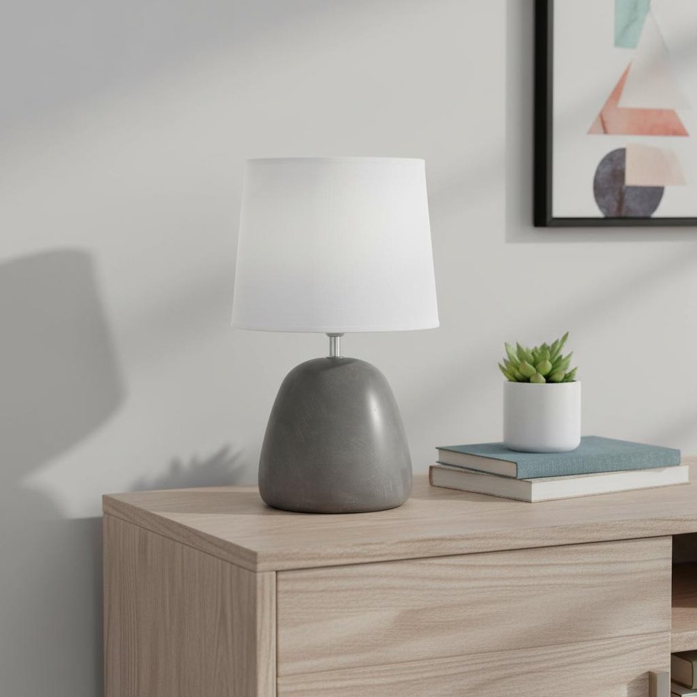 17" White Concrete Round Table Lamp With White Drum Shade