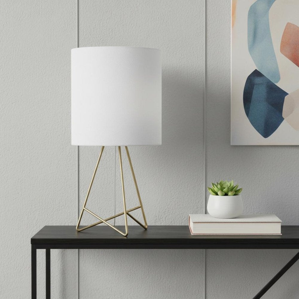 14" Gold Metal Tripod Table Lamp With White Drum Shade