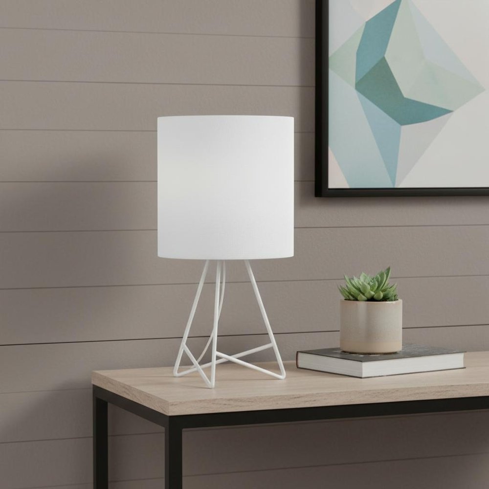 14" White Metal Tripod Table Lamp With White Drum Shade