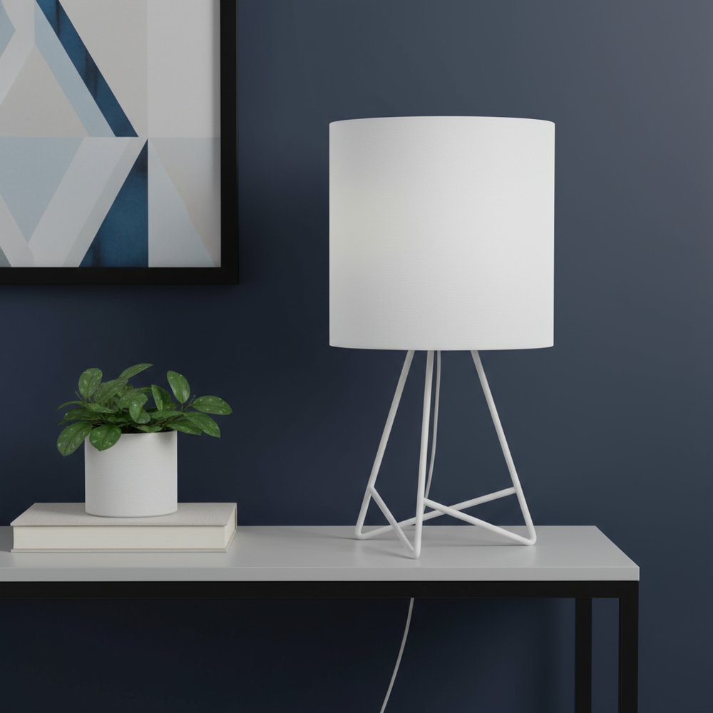 14" White Metal Tripod Table Lamp LED With White Drum Shade