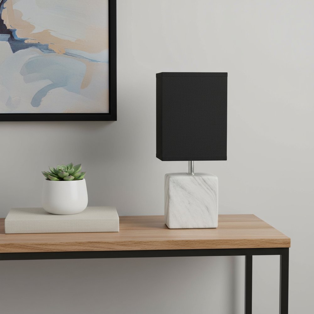 12" White And Black Ceramic Square Table Lamp With Black Shade