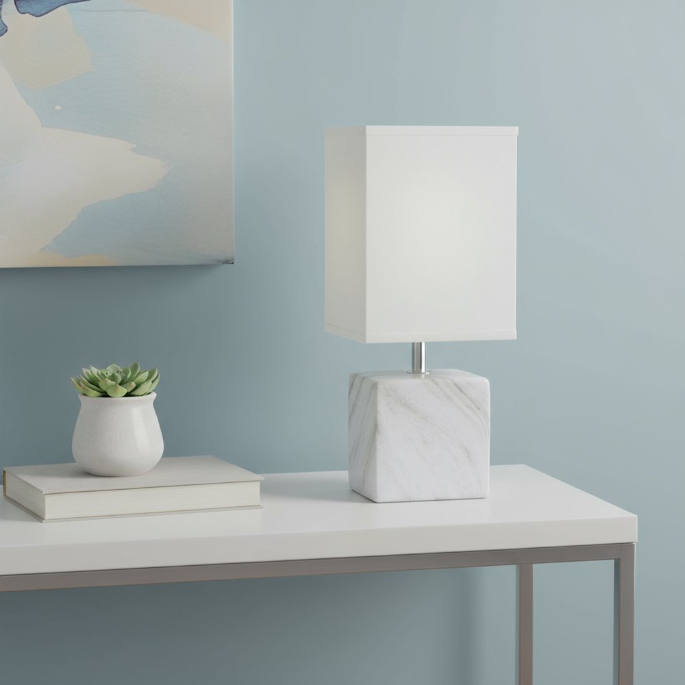 12" White And Black Ceramic Square Table Lamp With White Shade