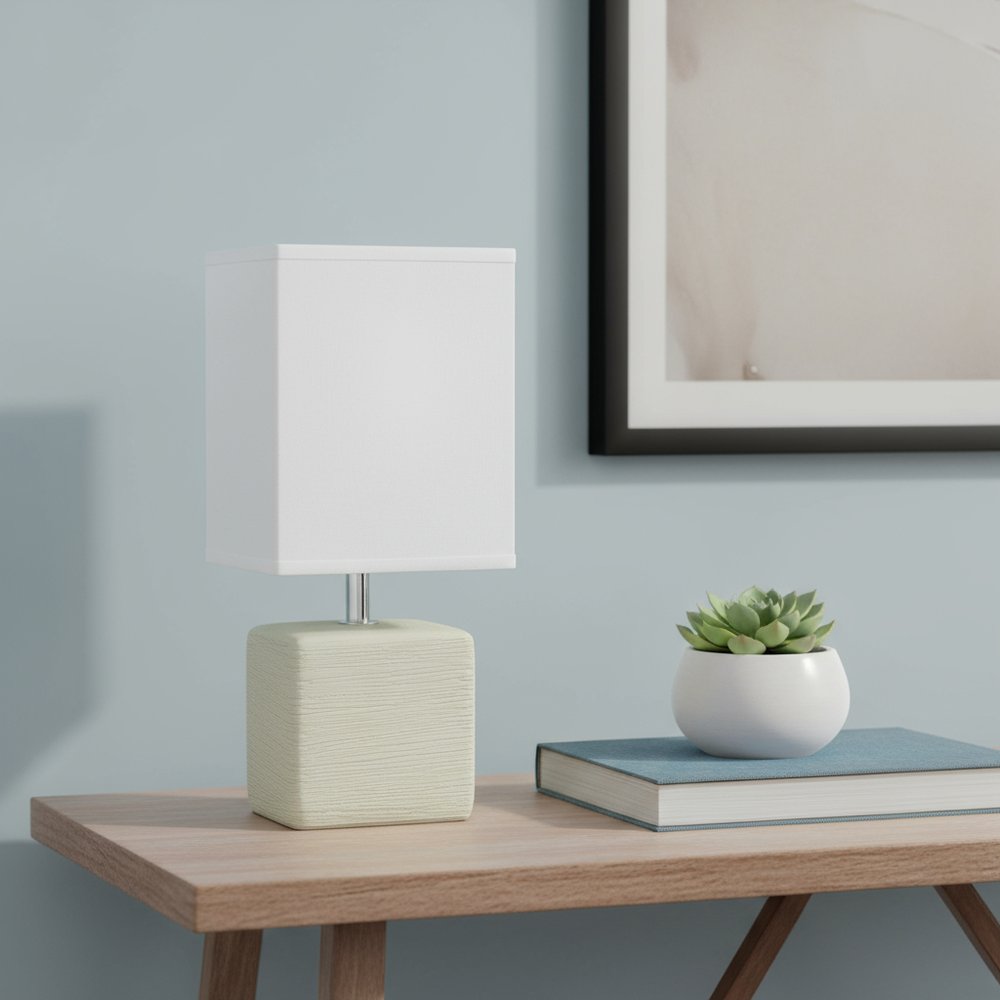 12" Off White Ceramic Square Table Lamp With White Shade