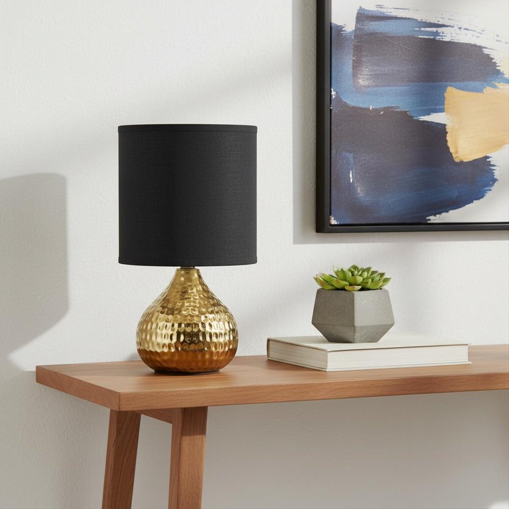 9" Gold Porcelain Round Table Lamp With Black Drum Shade