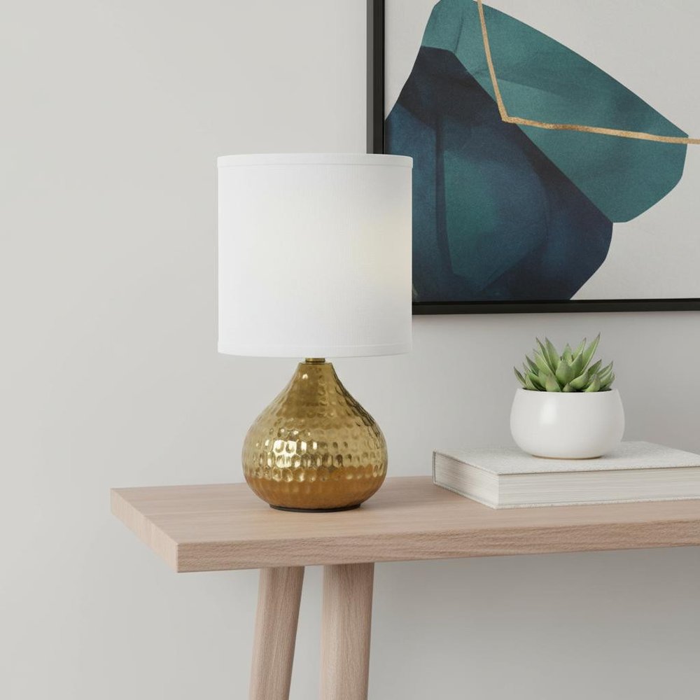 9" Gold Porcelain Round Table Lamp With White Drum Shade