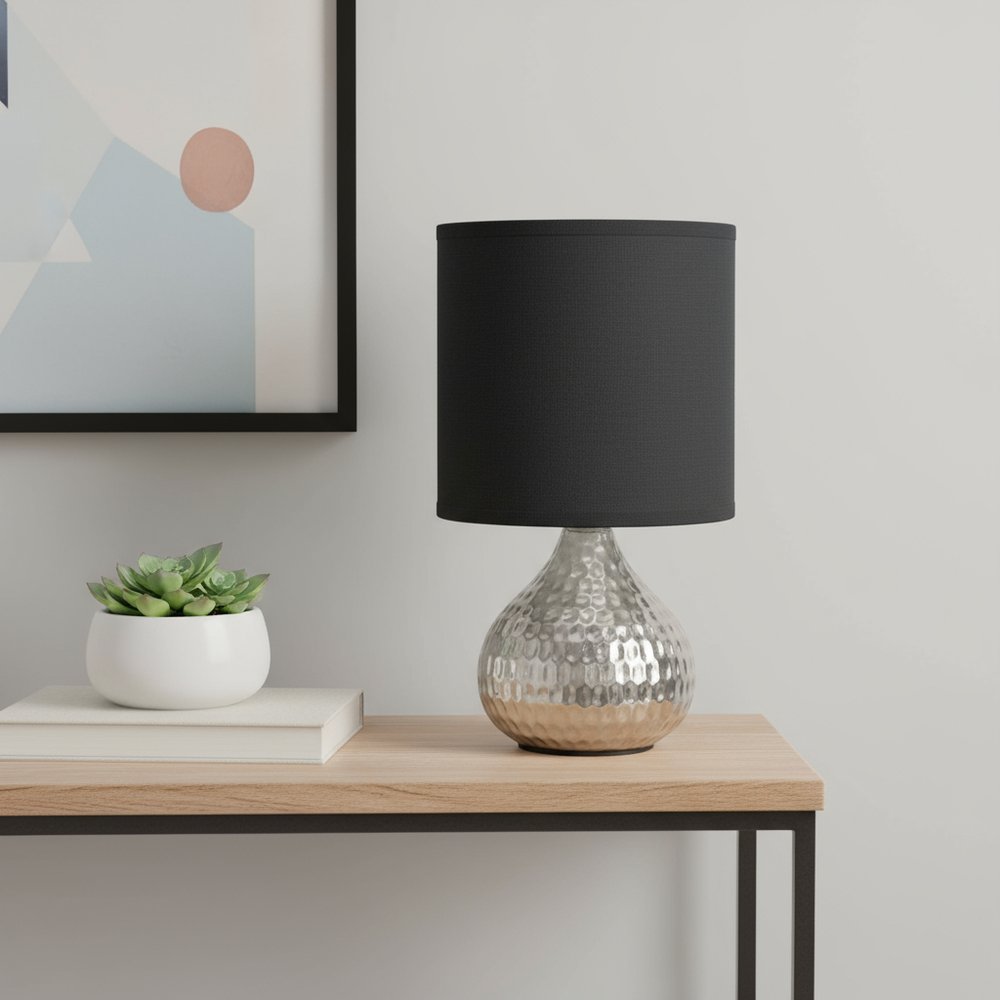 9" Silver Metal Round Table Lamp With Black Drum Shade