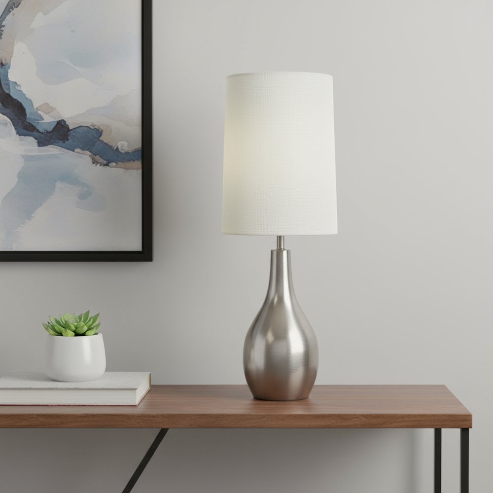 20" Nickel Metal Round Table Lamp With White Drum Shade