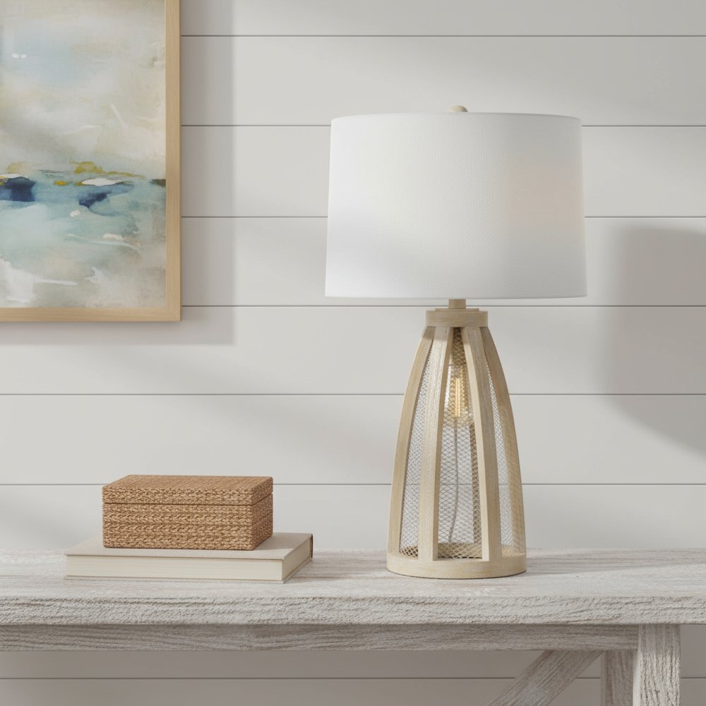 29" Natural And White Manufactured Wood And Metal Round Table Lamp With White Drum Shade