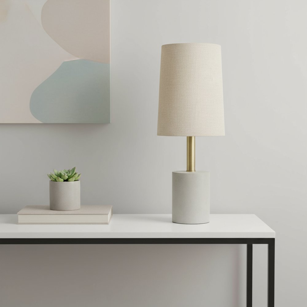 18" Gray And Gold Concrete Table Lamp With Khaki Drum Shade