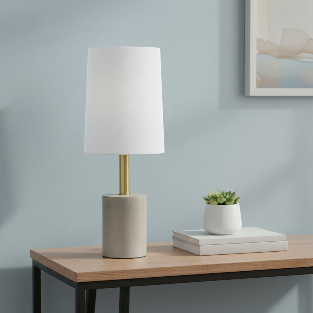 18" Gray And Antiqued Brass Concrete And Metal Table Lamp With White Drum Shade