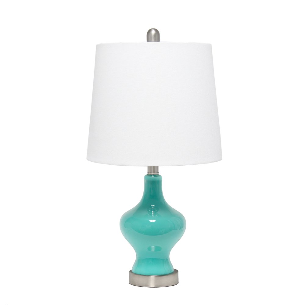 23" Teal Blue And Silver Glass And Metal Novelty Table Lamp With White Drum Shade