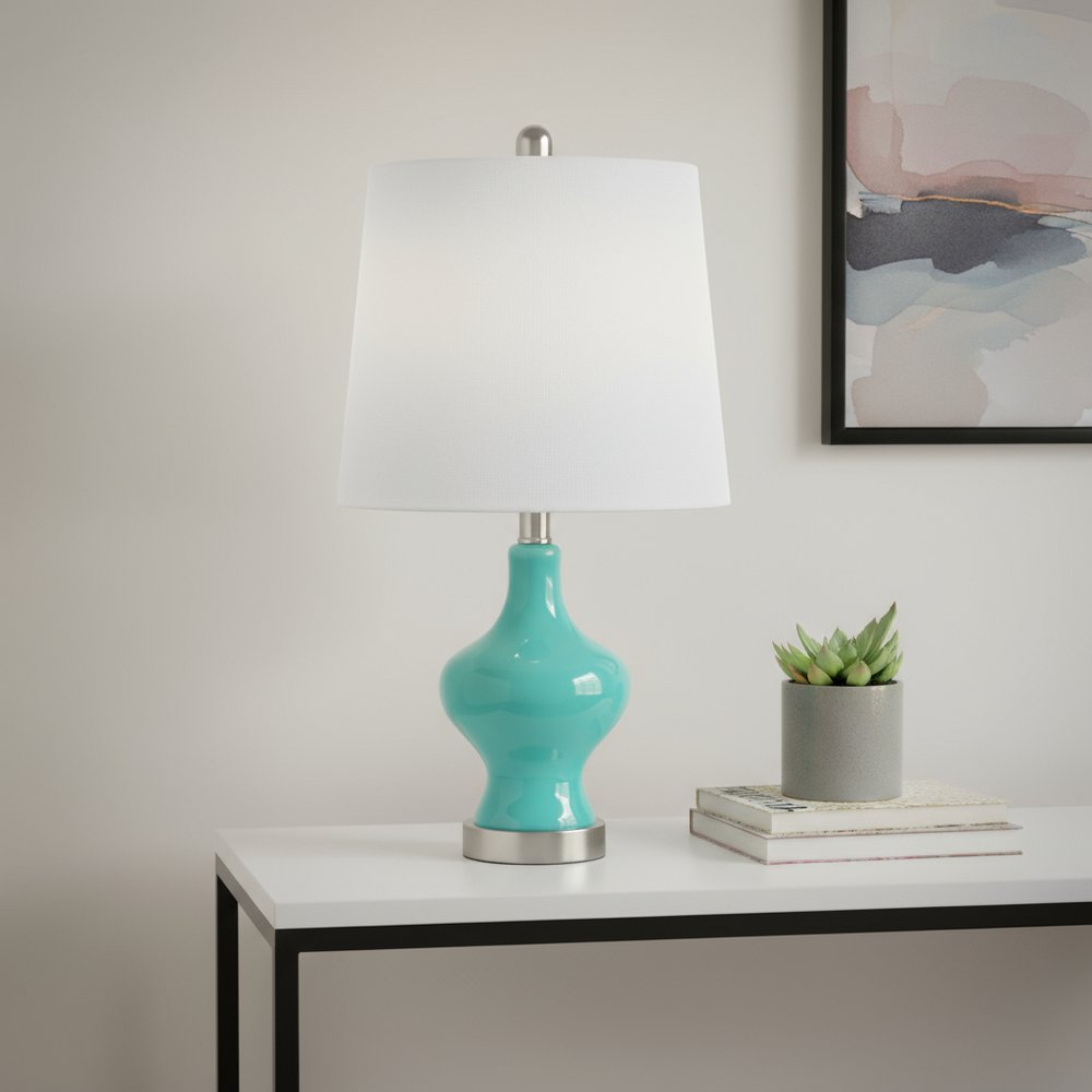 23" Teal Blue And Silver Glass And Metal Novelty Table Lamp With White Drum Shade