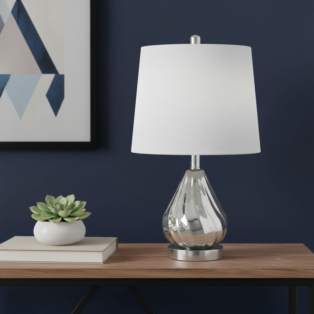 21" Silver Glass And Metal Round Scalloped Table Lamp With White Drum Shade