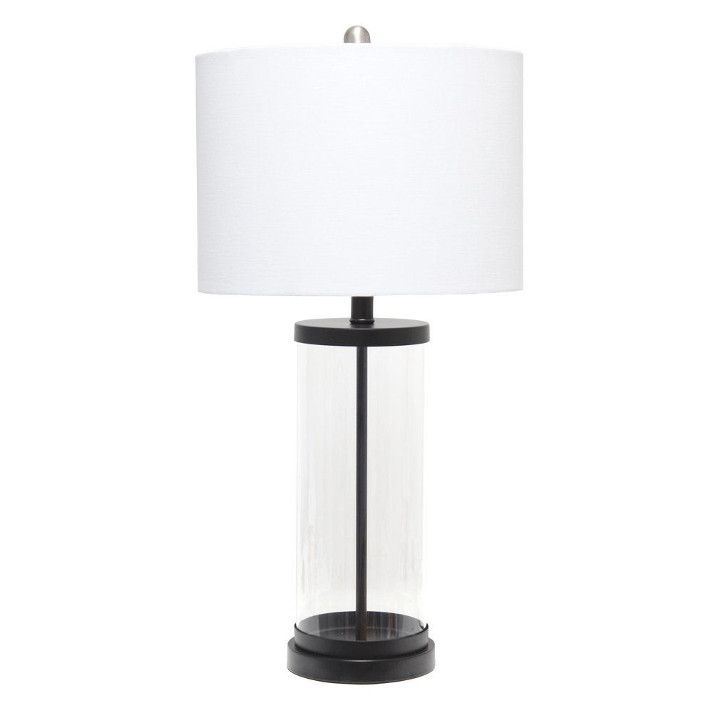 28" Clear And Black Glass And Metal Table Lamp With White Drum Shade