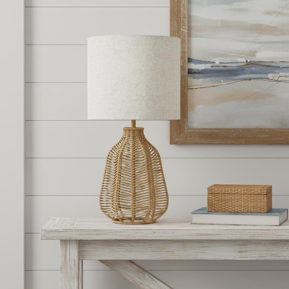 21" Light Brown Table Lamp With Beige Drum Shade