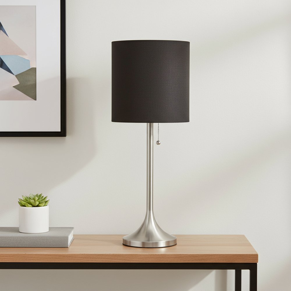 21" Nickel Metal Table Lamp With Black Drum Shade