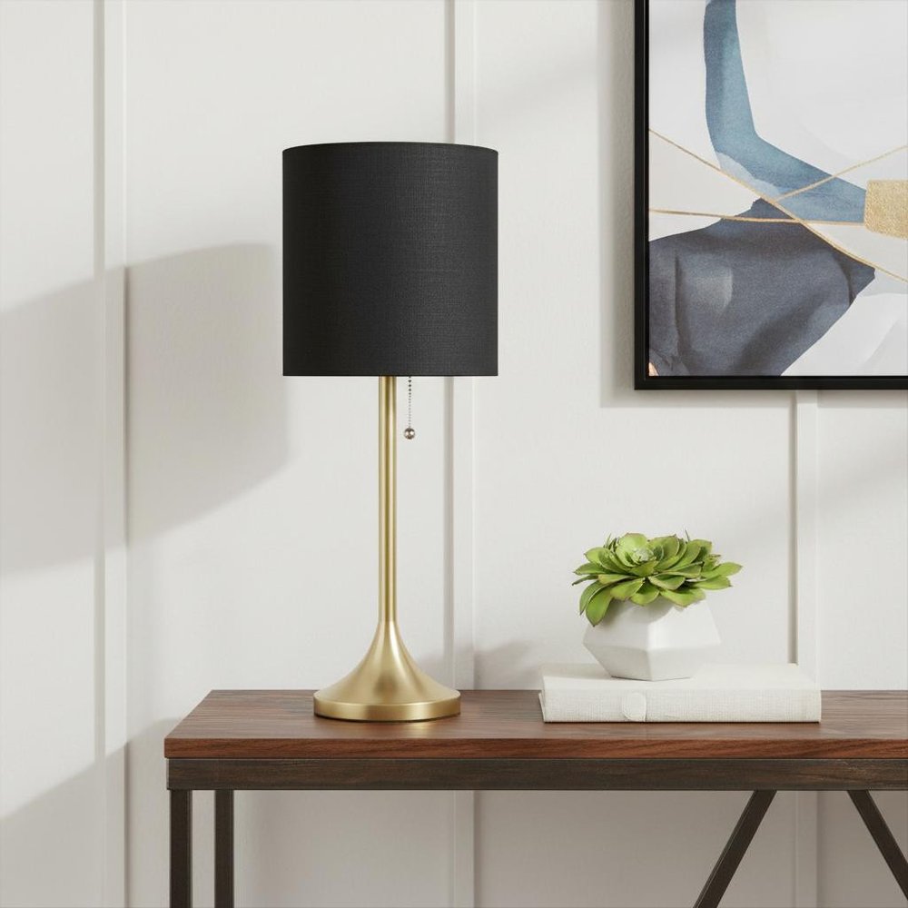21" Gold Metal Table Lamp With Black Drum Shade