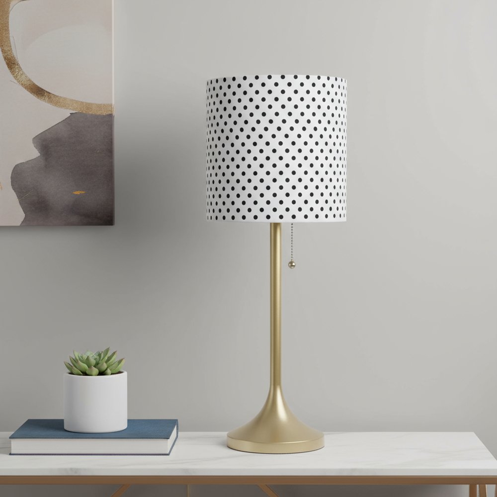 21" Gold Metal Table Lamp With Polka Dots Fabric Drum Shade