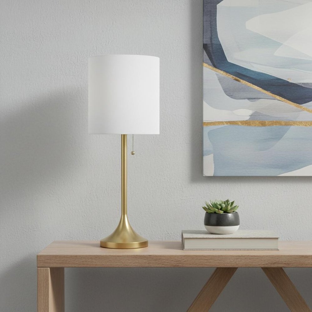 21" Gold Metal Table Lamp With White Drum Shade