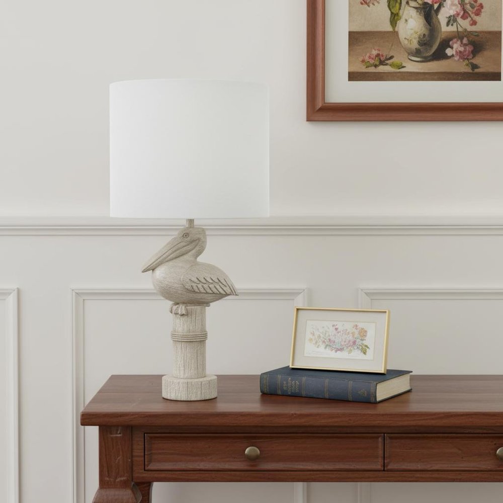 17" Beige Geometric Table Lamp With White Drum Shade