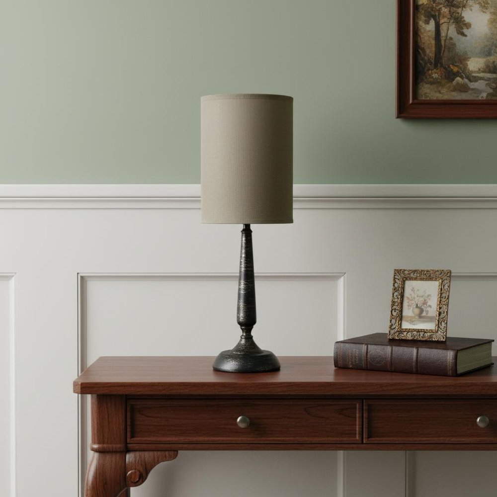 23" Bronze Iron Table Lamp With Tan Cylinder Shade