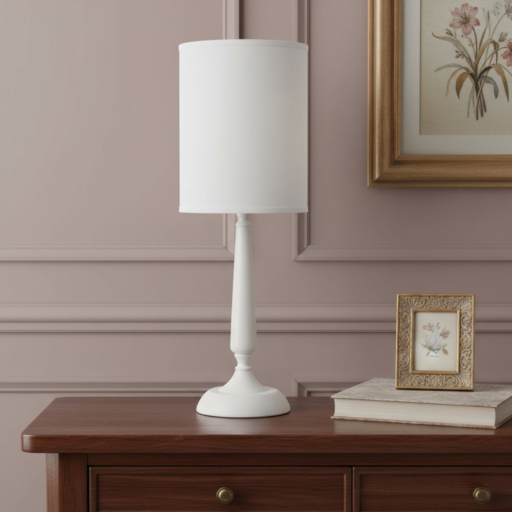 23" White Metal Table Lamp With White Cylinder Shade
